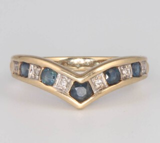 A 9ct yellow gold sapphire and diamond wishbone ring, size L, 2.1 grams