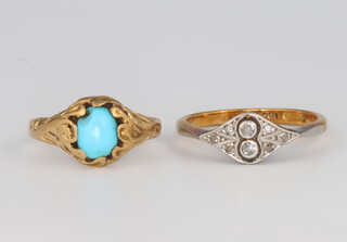 An 18ct yellow gold diamond ring size M 1/2 and a ditto turquoise set ring size I