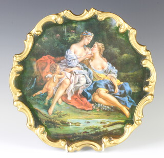 A Continental wall plaque decorated with classical figures enclosed in a gilt rococo border 30cm 