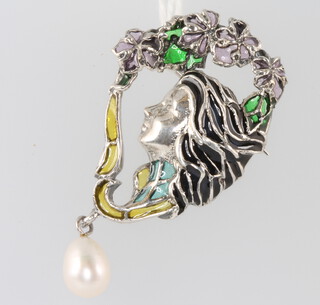A silver Art Nouveau style enamelled and cultured pearl brooch 