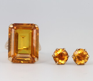 A 9ct yellow gold citrine ring size J and a pair of matching ear studs 11.6  gr gross