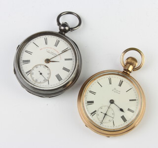 A gold plated pocket watch with seconds at 6 o'clock, a silver ditto 
