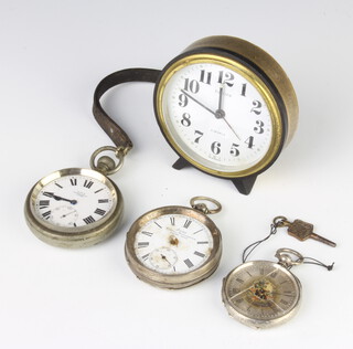 A lady's silver fob watch,a mechanical ditto, 1 other in a metal case and a timepiece 