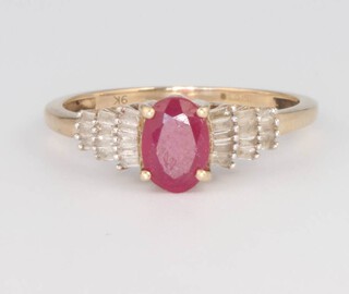 A 9ct yellow gold ruby and diamond ring size O 1/2, 2 grams