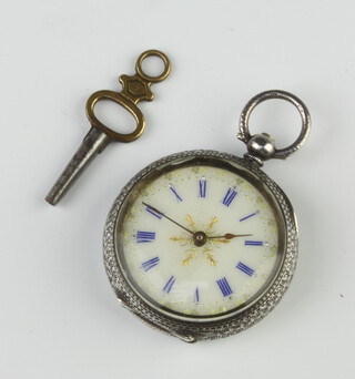 A lady's Edwardian silver fob watch with enamelled dial 