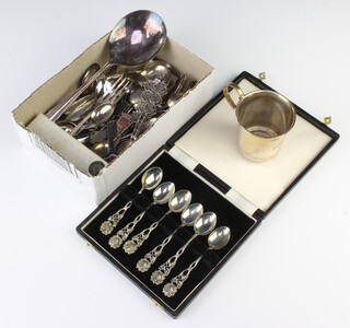 Five Chinese silver teaspoons, a cased set of spoons and minor plated wares 