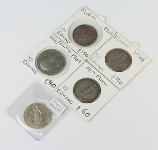 An Edward VII half crown 1909 together with 4 florins 1905, 1906, 1907 and 1910 