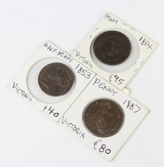 A Victorian half penny 1853, 2 pennies 1864 and 1837 