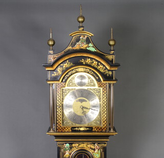 Bell's, an 18th Century style 8 day striking on gong longcase clock, the 24cm brass arch shaped dial with silvered chapter ring and Roman numerals, contained in a black lacquered chinoiserie style case 208cm h 