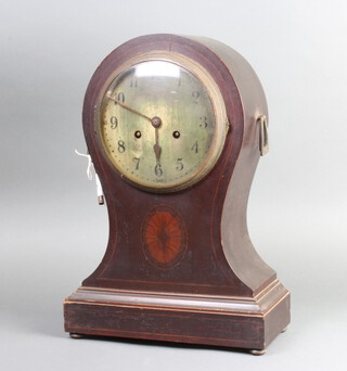 Philip Hass and Shore, an early 20th Century German striking mantel clock with silvered dial and Arabic numerals contained in a balloon shaped inlaid mahogany case 