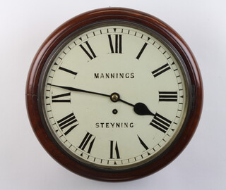 A 19th Century fusee wall clock with cast brass bezel to the front, the 30cm dial with Roman numerals and marked Mannings Steyning, with 11.5cm plain brass back plate, contained in a mahogany case, complete with pendulum and key 