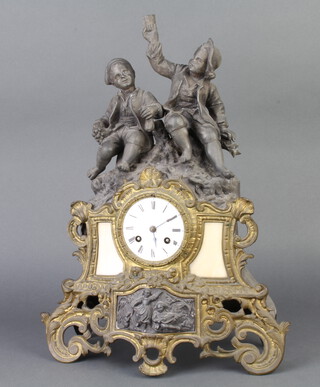 A French 19th Century 8 day striking mantel clock with enamelled dial contained in a spelter case surmounted by a figures of cavorting boys 