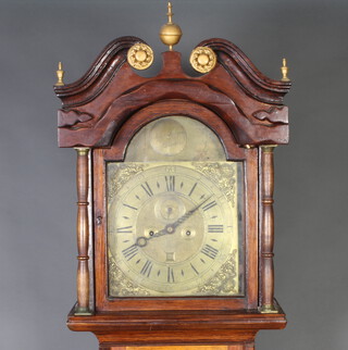 A longcase clock with 30cm arched gilt dial, the roundel to the top marked John Rayner London with silvered chapter ring, minute indicator and calendar aperture with gilt metal spandrels, the base of the dial marked John Rayner, contained in an amateur oak built case, 209cm h