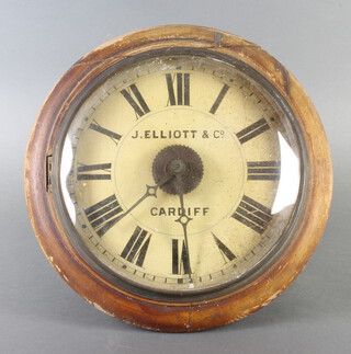 A postman's alarm clock with 21cm dial marked J Elliott and Company of Cardiff complete with 2 weights and pendulum 