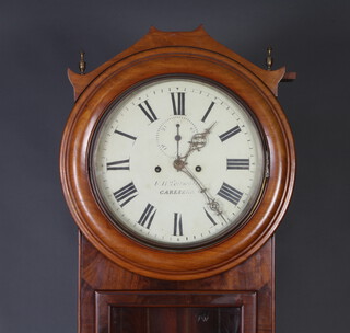 A Victorian 8 day striking longcase clock, the 32cm painted dial with Roman numerals, subsidiary second hand and marked F H Tritschler of Carlisle, striking on a gong and contained in a mahogany case 198cm h, complete with pendulum, key and weights 