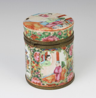 A Cantonese cylindrical jar and cover with gilt metal mounts decorated panels of figures of flowers 10cm 