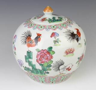 A 20th Century Chinese baluster vase and cover decorated with cockerels and flowers 19cm 