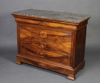A 19th Century French walnut commode with black veined marble top fitted a secret drawer above 3 long drawers, raised on bracket feet 96cm h x 124cm w x 55cm d 