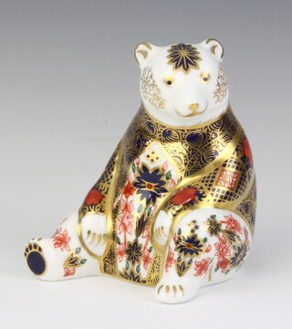 A Royal Crown Derby Imari pattern paperweight - seated bear, gold stopper, 10cm 