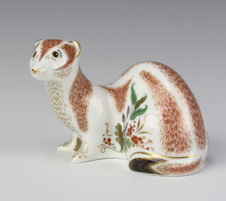 A Royal Crown Derby Imari pattern paperweight - stoat, gold stopper, 9cm 
