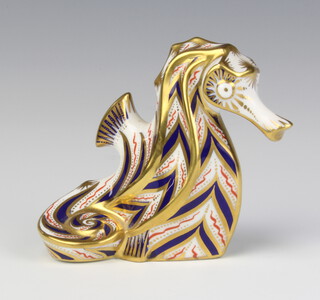 A Royal Crown Derby Imari pattern paperweight - seahorse, gold stopper, 10cm 