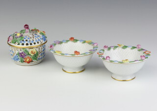 A modern Dresden pot pourri and cover decorated with flowers 9cm, a pair of ditto pedestal bowls 6cm 
