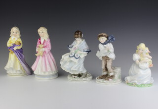 Two Royal Doulton figures - Charity HN3087 21cm and Faith HN3082 21cm, 3 Coalport figures - The Boy 19cm, Visiting Day 20cm and The Goose Girl 16cm 