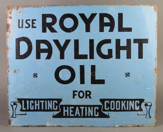 A blue enamelled double sided advertising sign - Use Royal Daylight Oil 46cm x 55cm 
