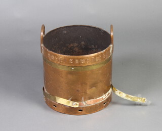 A Home Counties Dairy copper and brass churn converted for use as a coal hod 40cm x 34cm diam.