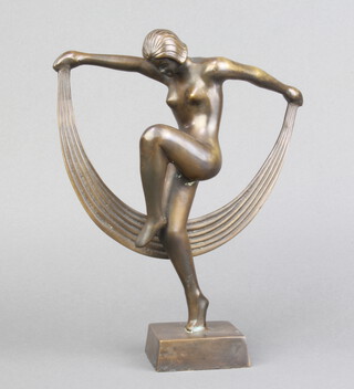 An Art Deco style bronze figure of a standing dancing lady with ribbon raised on a square base 22cm h x 7cm w x 7cm d 