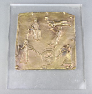 Fidia Gallery, a contemporary bronze plaque depicting Egyptian farmers, raised on a perspex panel 24cm x 12cm, the sides marked Fidia Gallery-VR Italy Primi Lavori E Morte Dl Abele 
