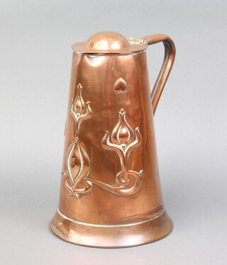 Sankey and Sankey, an Art Nouveau embossed copper jug with hinged lid 24cm h x 16cm 