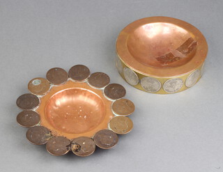 An interesting copper and brass ashtray, the edge inset 13 pre-1947 florins 3.5cm h x 13cm diam. together with a circular copper ashtray the edge set 13 copper coins 2cm x 14cm diam. 