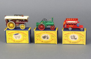 Lesney Models of Yesteryear Y-1-1 Allchin Traction Engine, light gold smoke plate, unpainted angled treads with riveted axles, type B box, Lesney Models of Yesteryear  Y9-1-2 Fowler Showman Big Lion Engine A box (biro on box) together with a ditto Y2-1-5 1911 B Type London Bus, type B box 