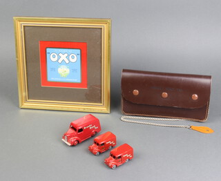 A Dinky Major Brooke Bond delivery van, 2 Lesney No.47 1 ton vans, a Brooke Bond leather wallet and a 75th Anniversary of Oxo print 11cm x 11cm 