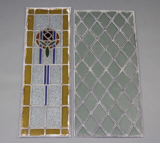 An Art Nouveau lead and stained glass window panel 96cm h x 31cm w together with a lead glass window panel 93cm x 42cm 