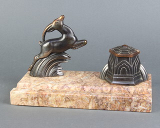 An Art Deco style spelter and marble inkwell decorated a leaping gazelle 10cm x 21cm x 11cm 