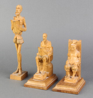 A Spanish carved hardwood figure of a standing Don Quixote 21cm x 4cm x 4cm and a pair of bookends of a seated Don Quixote and Sancho Pancho 12cm x 9cm x 7cm 