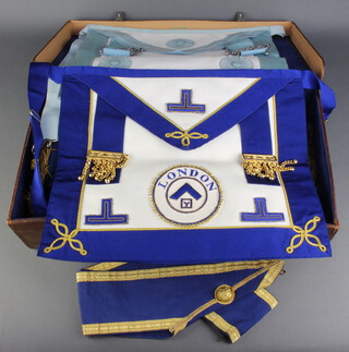 A quantity of Masonic regalia contained in a leather case - Grand Officers full dress apron collar assistant grand director of ceremonies, 2 supreme grand chapter aprons, standard bearer and assistant grand director of ceremonies, 2 LGR undress aprons, 2 provincial grand officers aprons and a master masons apron 