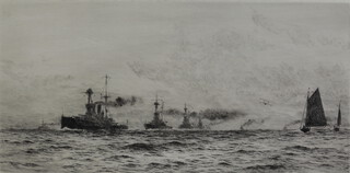William Lionel Wyllie 1851-1931, etching, signed in pencil, a battle fleet at sea, 23cm x 39cm 