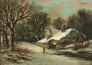 W Stone 1886, oil on canvas, a winter scene with a figure before a thatched cottage, 25cm x 35cm 