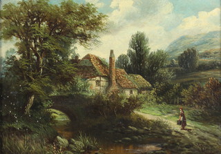 W Stone 1884, oil on canvas, a figure beside a stream with distant hills 25cm x 35cm 