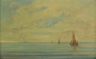 An Edwardian oil on canvas unsigned, fishing vessels at sea 21cm x 34cm  