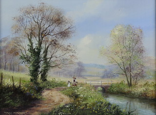 Terry Harrison oil on board signed, figures before a stream 29cm x 39cm 