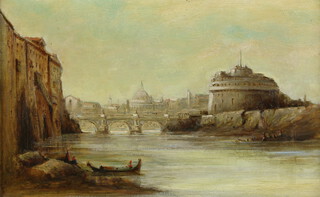 19th Century oil on canvas, unsigned, Continental river scape with distant buildings 22cm x 34cm 