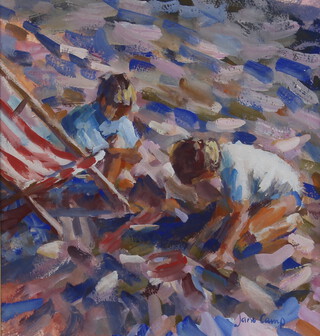 Jane Camp, watercolour signed, children playing on a beach 26cm x 54cm 