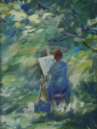 Jane Camp, watercolour signed, an artist sitting in a garden 20cm x 15cm 