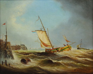 P Fitzgerald, oil on panel signed, fishing boats in choppy seas off a harbour arm, 19cm x 24cm 