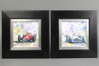 Alan King, oil on panel, Mercedes Benz and Alfa Romeo 11.5cm x 11.5cm 