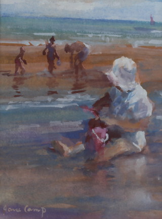 Jane Camp, watercolour signed, children on a beach 20cm x 15cm 